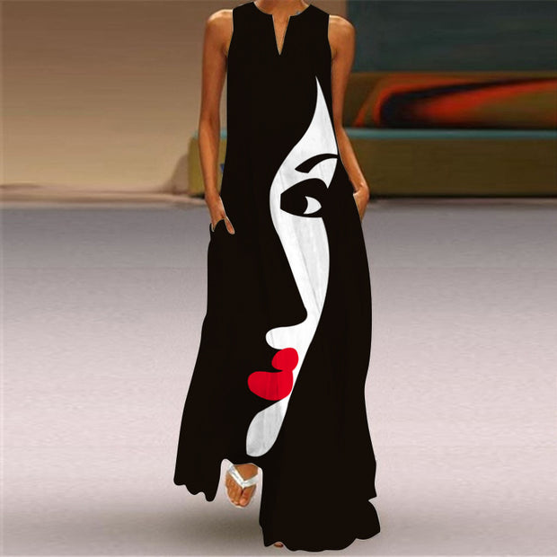 Printed V-neck Sleeveless Long Dress