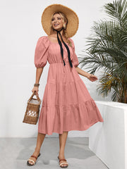 Summer New European And American Style Pure Color Ruffles Square Collar Short Sleeve Mid-length Women's Dress