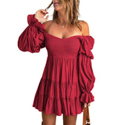 Pure Color Ruffles Square Collar Long Sleeve Dress