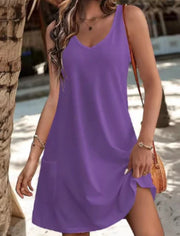 Casual Digital Printed V-neck Dress Vest Pockets Beach Dress