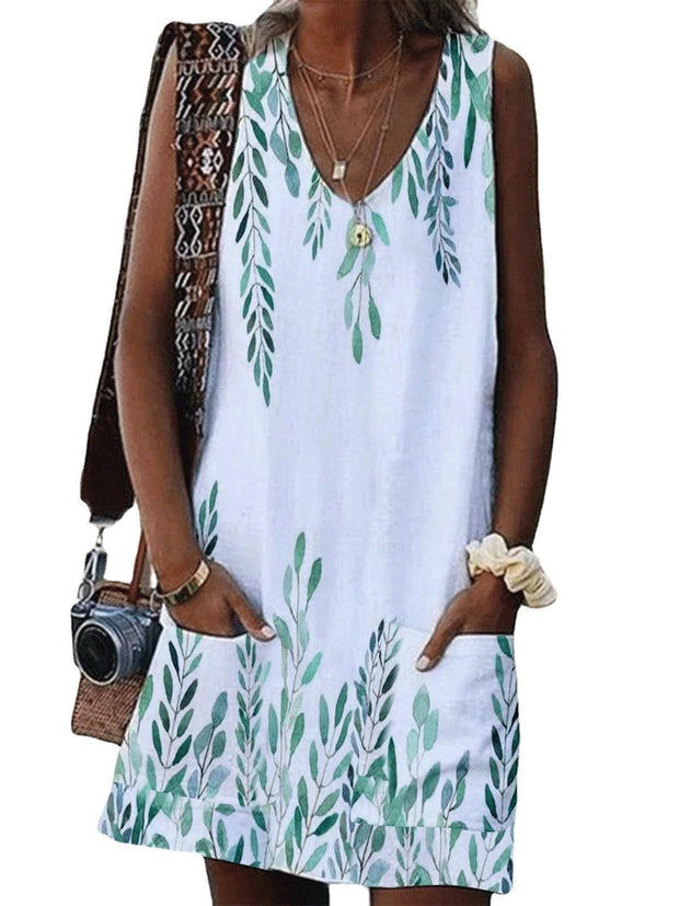 Leaf Print Pocket Loose Casual Dress