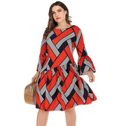 Striped plaid panel ruffle dress
