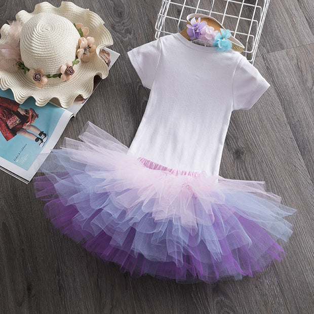 Girls' Birthday Dress Short SLeeved Top And Color Skirt And Accessories Three-piece Children's Wear