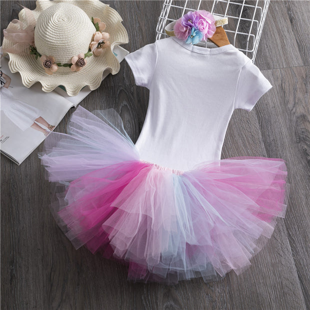Girls' Birthday Dress Short SLeeved Top And Color Skirt And Accessories Three-piece Children's Wear
