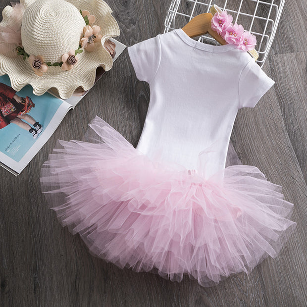 Girls' Birthday Dress Short SLeeved Top And Color Skirt And Accessories Three-piece Children's Wear