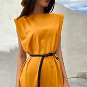 Solid Color Slit Sexy Casual Sleeveless Round Neck Straight Midi Dress