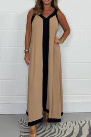 Casual Loose Contrast Color V-neck Sleeveless Long Dress
