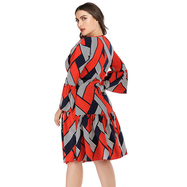 Striped plaid panel ruffle dress