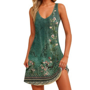 Casual Digital Printed V-neck Dress Vest Pockets Beach Dress