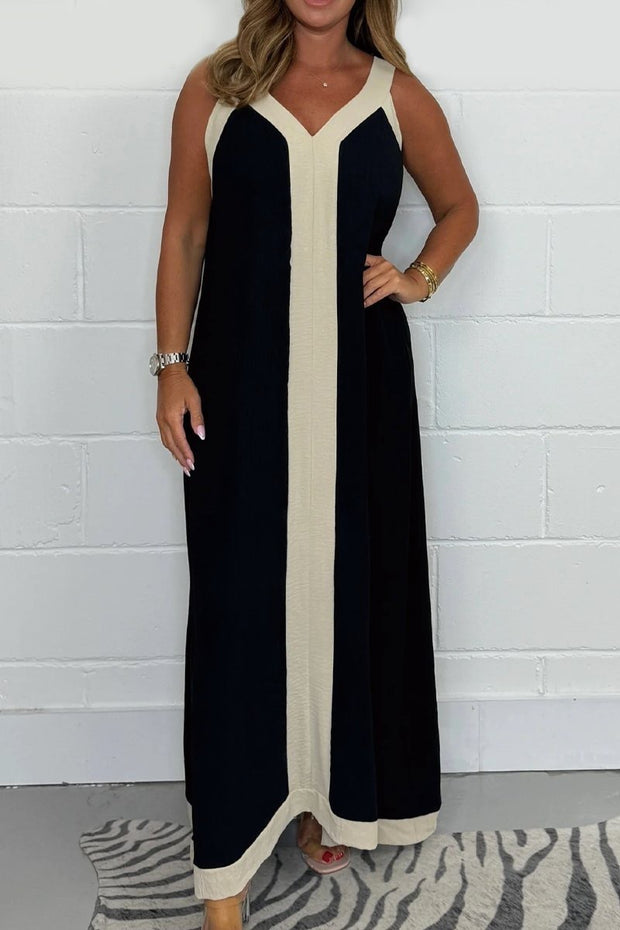 Casual Loose Contrast Color V-neck Sleeveless Long Dress