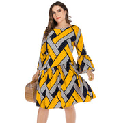 Striped plaid panel ruffle dress