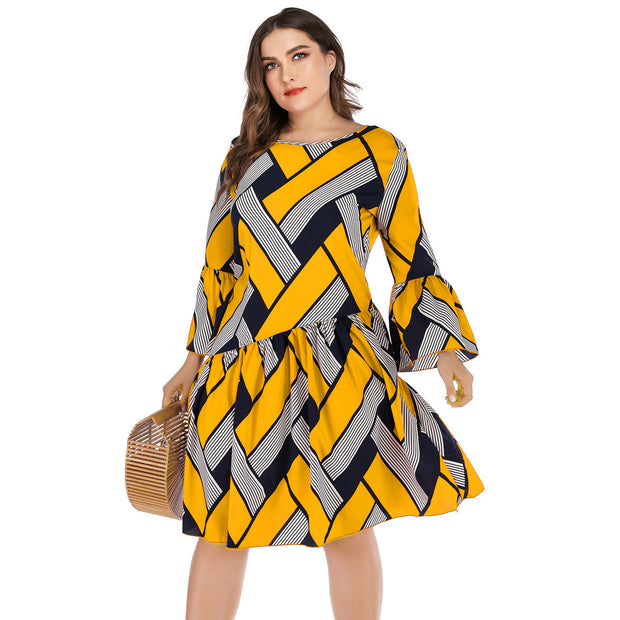 Striped plaid panel ruffle dress