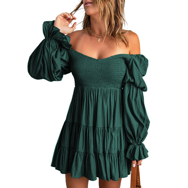 Pure Color Ruffles Square Collar Long Sleeve Dress