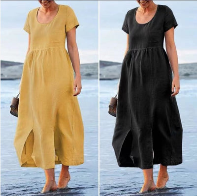 Cotton And Linen Round Neck Short-Sleeved Pockets Irregular Hem Mid-Length Dress Women