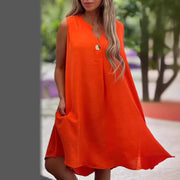 Summer V-neck Sleeveless Dress With Button Decoration Solid Color Casual Loose Straight Dresses Womens Clothing