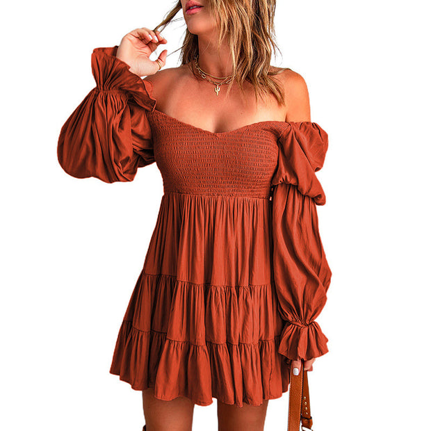 Pure Color Ruffles Square Collar Long Sleeve Dress