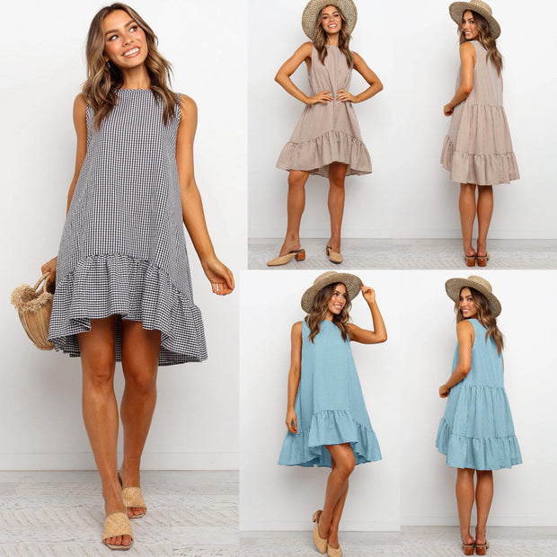 Plaid loose A-line dress with Ruffle Skirt