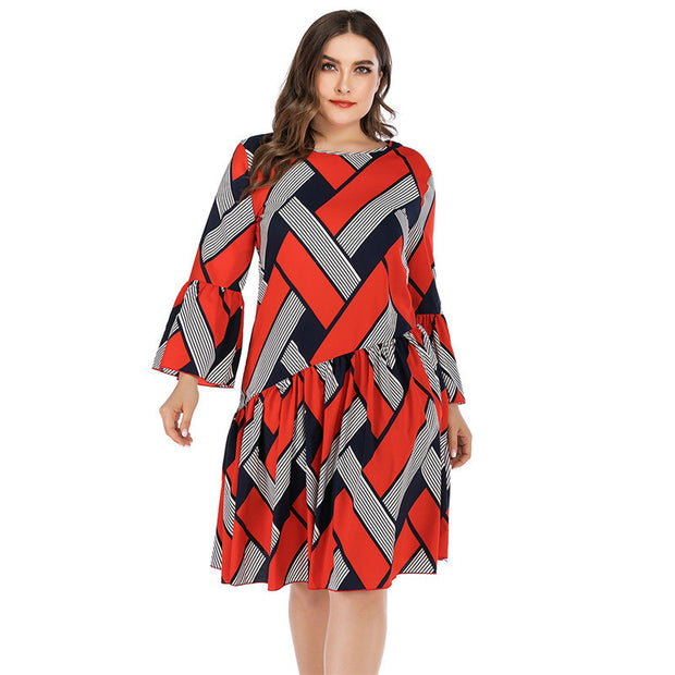 Striped plaid panel ruffle dress