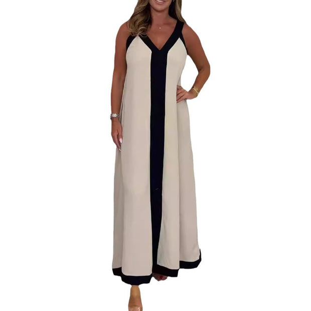 Casual Loose Contrast Color V-neck Sleeveless Long Dress