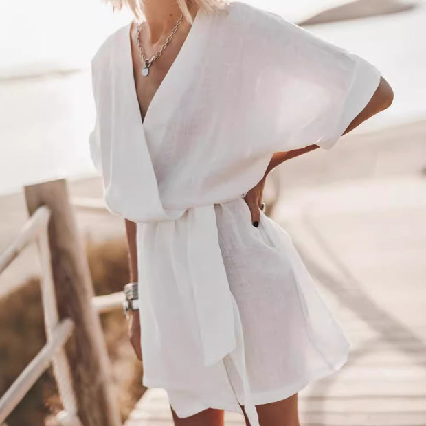 V-neck Short Sleeve Loose Pockets Belt Dress