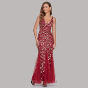 Long Dress Sleeveless V Neck Embroidered