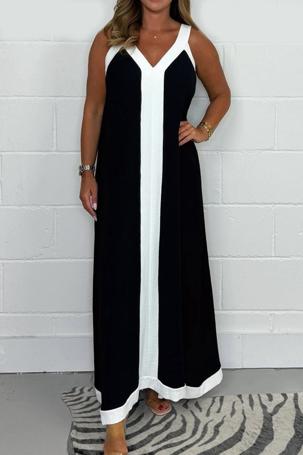 Casual Loose Contrast Color V-neck Sleeveless Long Dress