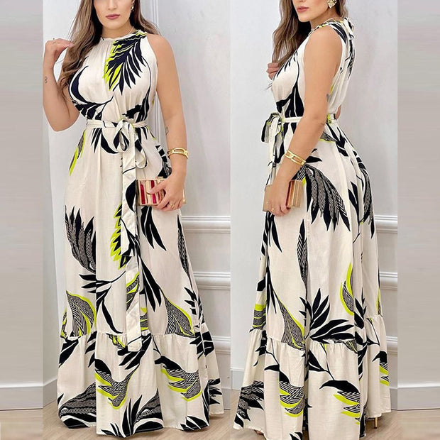 Halter Dress Lace Printing Lotus Leaf