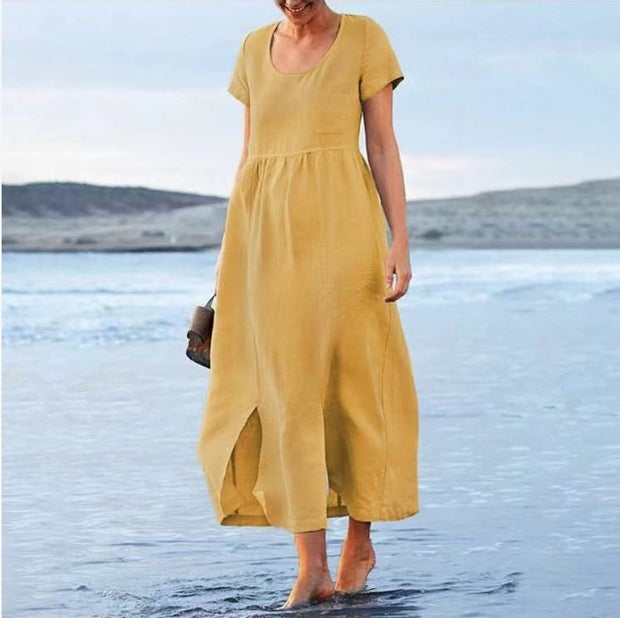 Cotton And Linen Round Neck Short-Sleeved Pockets Irregular Hem Mid-Length Dress Women