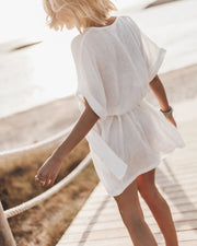 V-neck Short Sleeve Loose Pockets Belt Dress