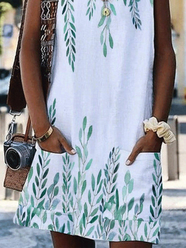 Leaf Print Pocket Loose Casual Dress