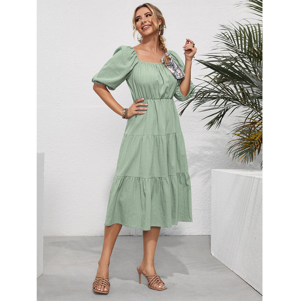 Summer New European And American Style Pure Color Ruffles Square Collar Short Sleeve Mid-length Women's Dress