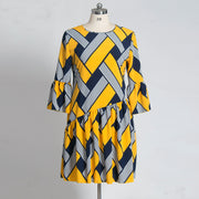 Striped plaid panel ruffle dress
