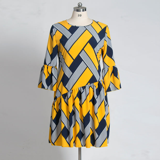 Striped plaid panel ruffle dress
