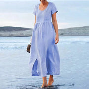 Cotton And Linen Round Neck Short-Sleeved Pockets Irregular Hem Mid-Length Dress Women