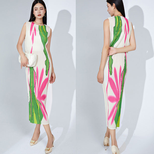 Fashion High-end Pleated Sleeveless Printed Straight Retro Dress