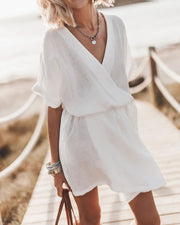 V-neck Short Sleeve Loose Pockets Belt Dress