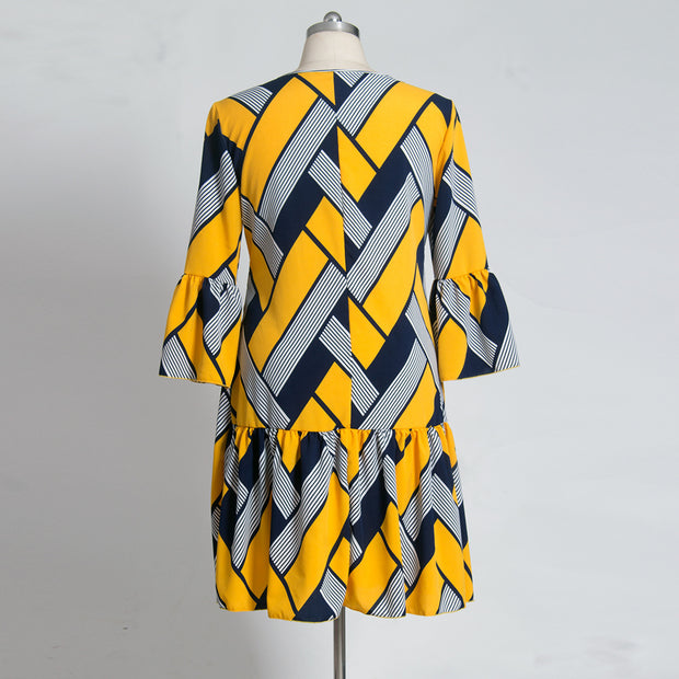 Striped plaid panel ruffle dress