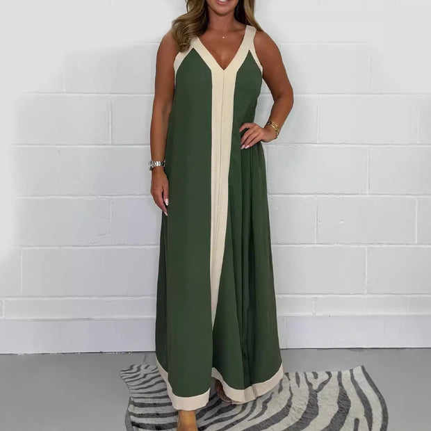 Casual Loose Contrast Color V-neck Sleeveless Long Dress