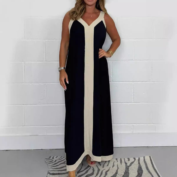 Casual Loose Contrast Color V-neck Sleeveless Long Dress