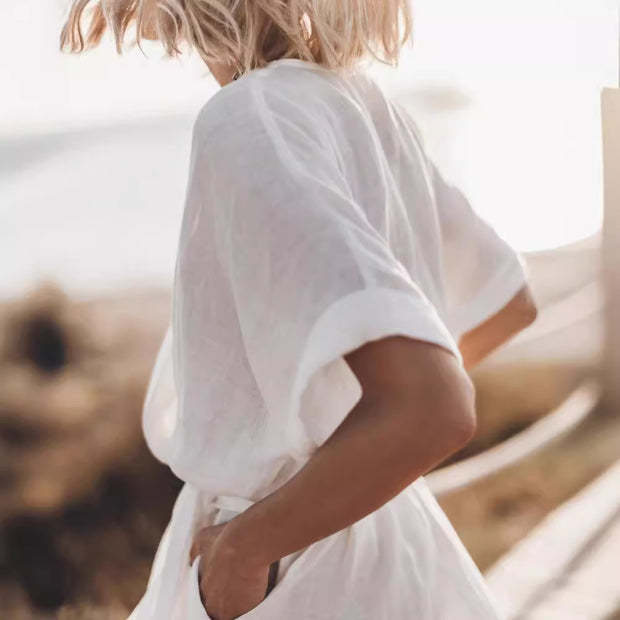 V-neck Short Sleeve Loose Pockets Belt Dress