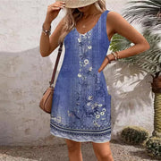 Casual Digital Printed V-neck Dress Vest Pockets Beach Dress