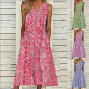 V-neck Floral Long Loose Sleeveless Women's Clothing Dress