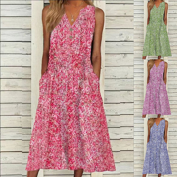 V-neck Floral Long Loose Sleeveless Women's Clothing Dress