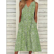 V-neck Floral Long Loose Sleeveless Women's Clothing Dress