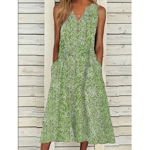 V-neck Floral Long Loose Sleeveless Women's Clothing Dress