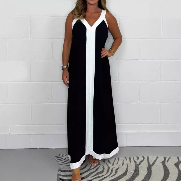 Casual Loose Contrast Color V-neck Sleeveless Long Dress