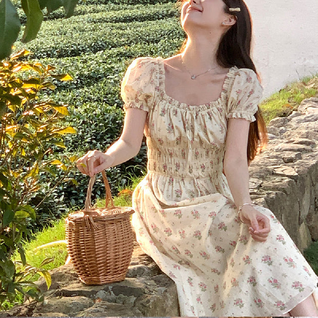 Vintage Floral Dress With Square Collar