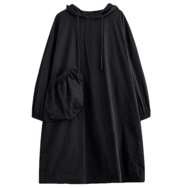 Korean Style Hooded Pullover Solid Color Plus Size Loose Pockets Large Swing Dress
