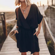V-neck Short Sleeve Loose Pockets Belt Dress