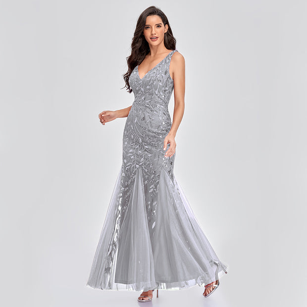 Long Dress Sleeveless V Neck Embroidered